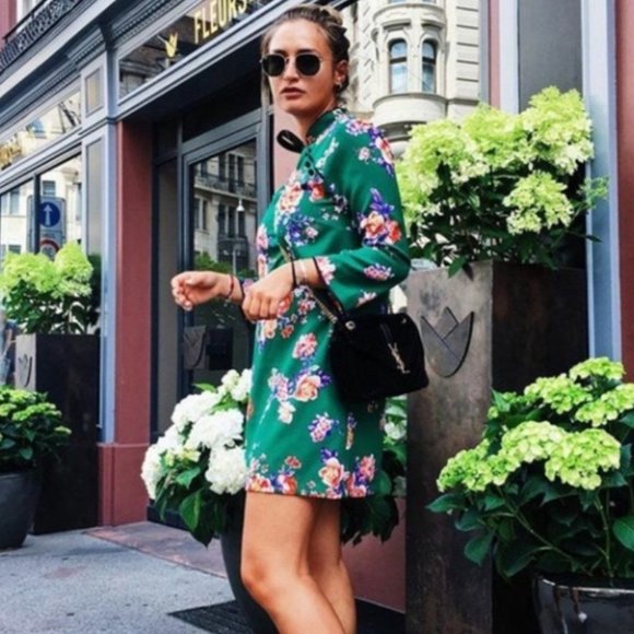 Zara Dresses & Skirts - Zara Japanese Kimono Style Green Floral Mini Dress Sz S